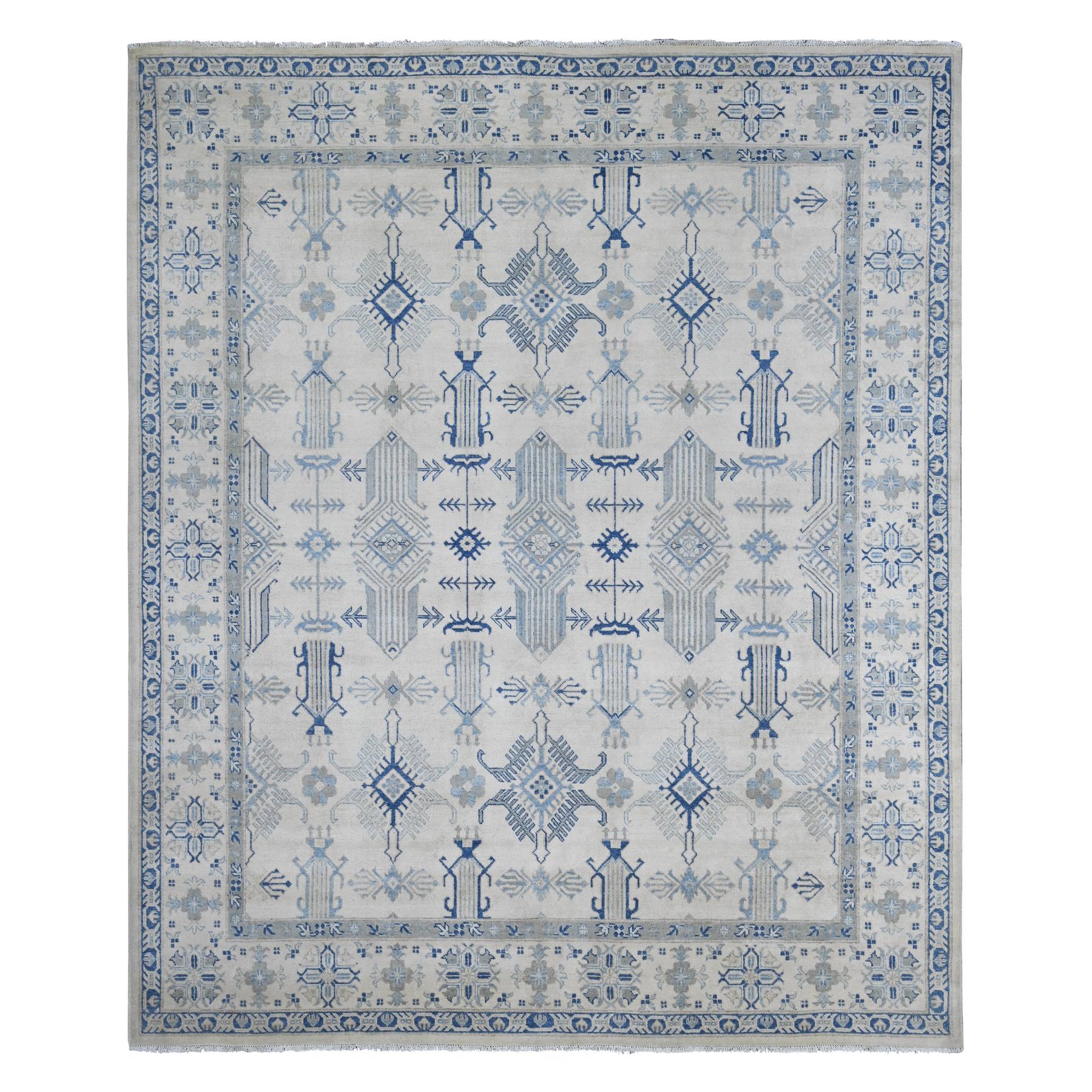 8'x9'6" Pearl White, Vintage Look Kazak with All Over Design, Hand Knotted, 100% Wool, Natural Dyes, Oriental Rug 